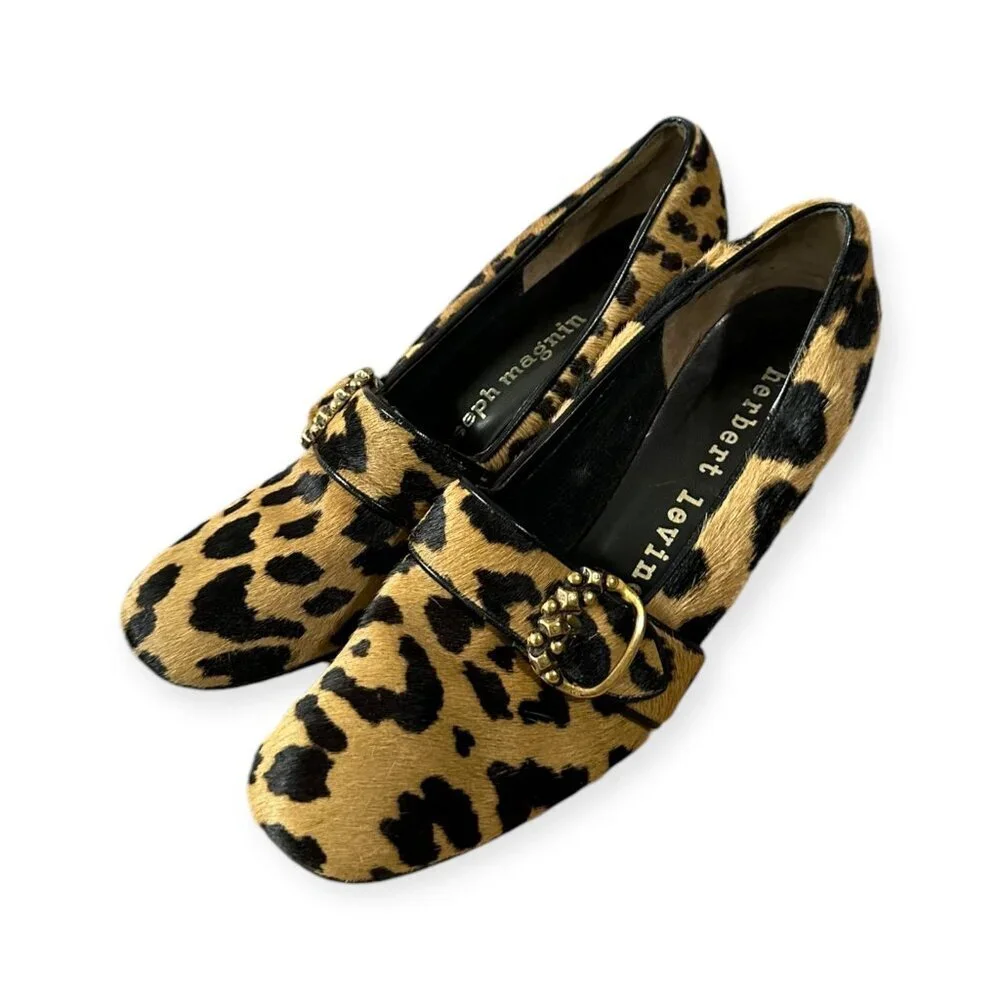 Vintage 1969 Herbert Levine Leopard Hair Calf Mod Pumps Gold Buckle, 7.5 AA